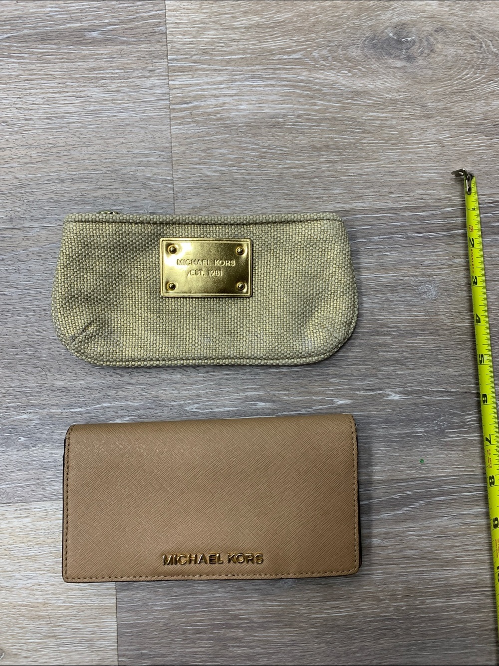 Michael Kors Tan Wallet with Gold Canvas Zip Pouch BUNDLE